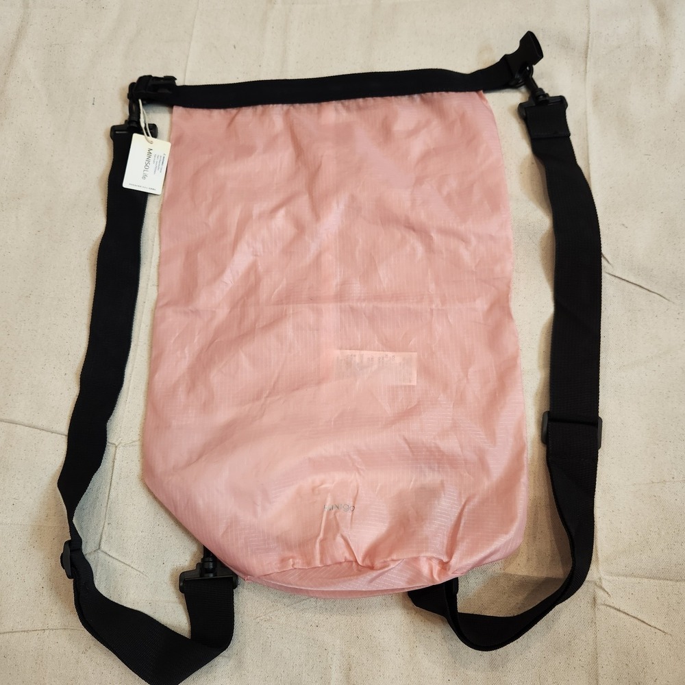 New Miniso Light Pink Ripstop Dual Bucket Backpack Crossbody Bag Adjustable